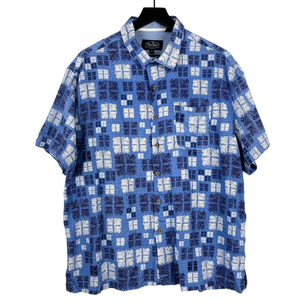 Nat Nast Mens Silk Cotton Button Down Shirt Camp Blue White Print - XL